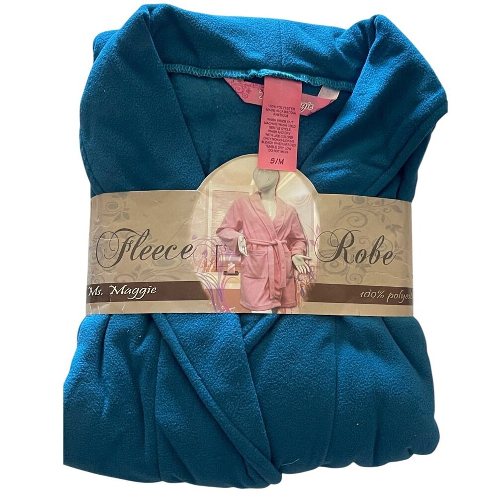 Ms. Maggie Cozy 100% Polyester Fleece Robe Teal Loungewear with Tie Belt S/M - Picture 7 of 8